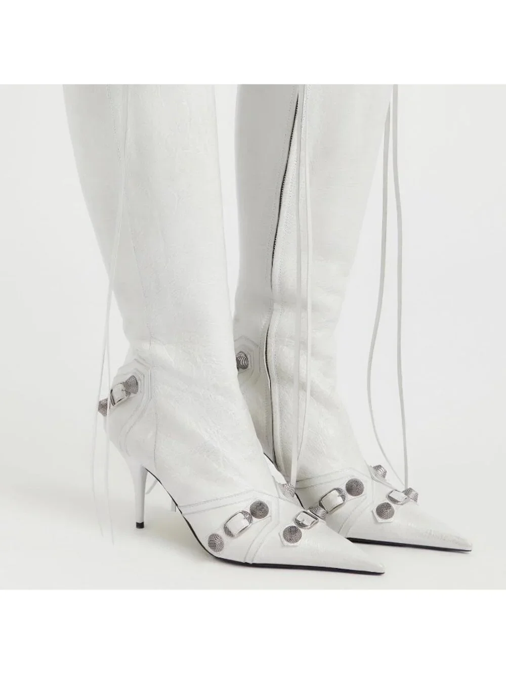 Women's White Faux Leather Zipper Trendy Sexy Pointed Toe Knee High Boots